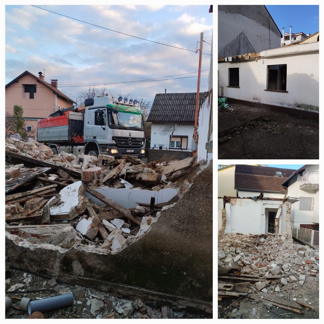 Rušenje kuće kamionom grajfer.